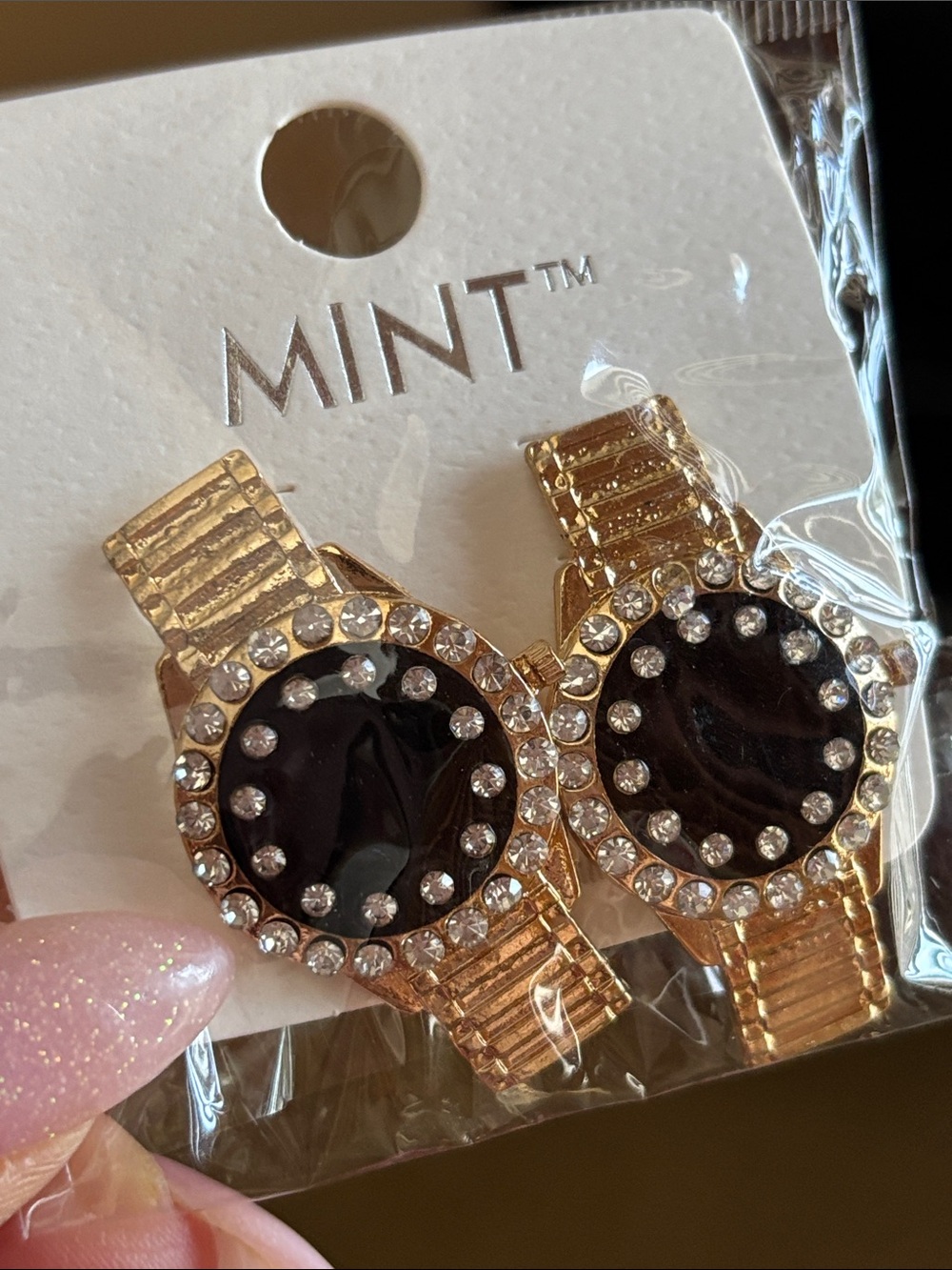 Mint Gold-Tone Crystal Watch Face Earrings with Black Center